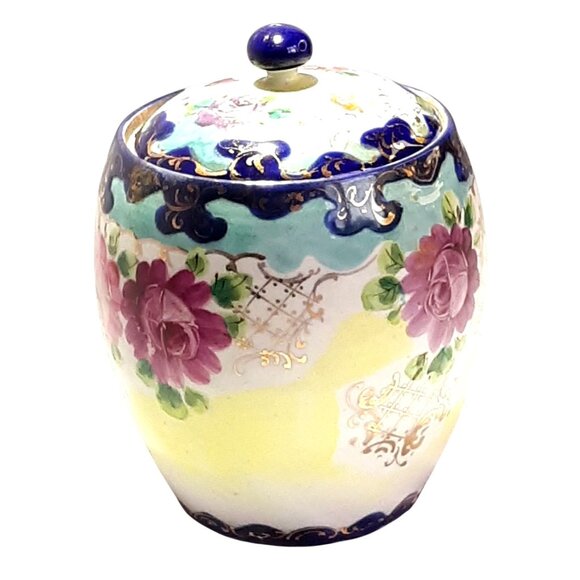 Vintage Hand-Painted Porcelain Floral Biscuit Jar with Lid Cobalt Blue Roses - Picture 2 of 8